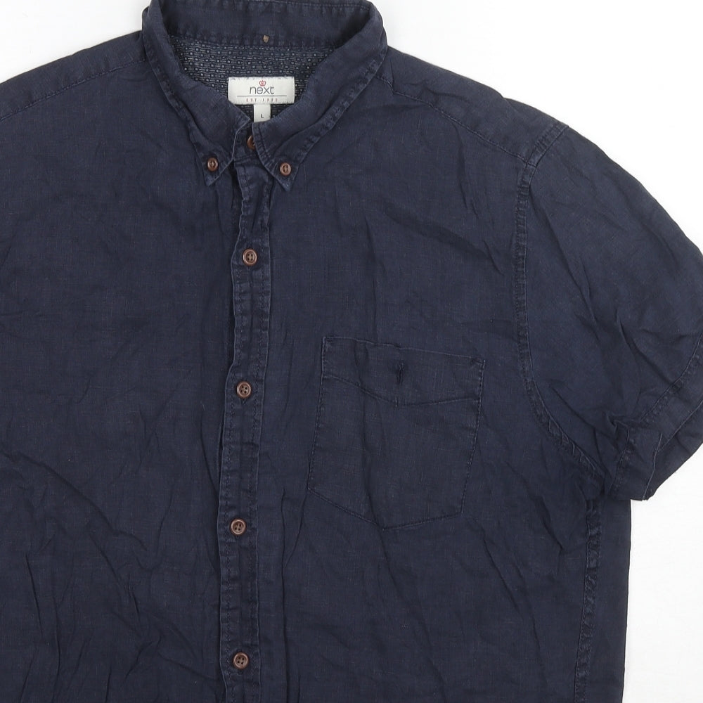 NEXT Mens Blue Linen Button-Up Size L Collared Button