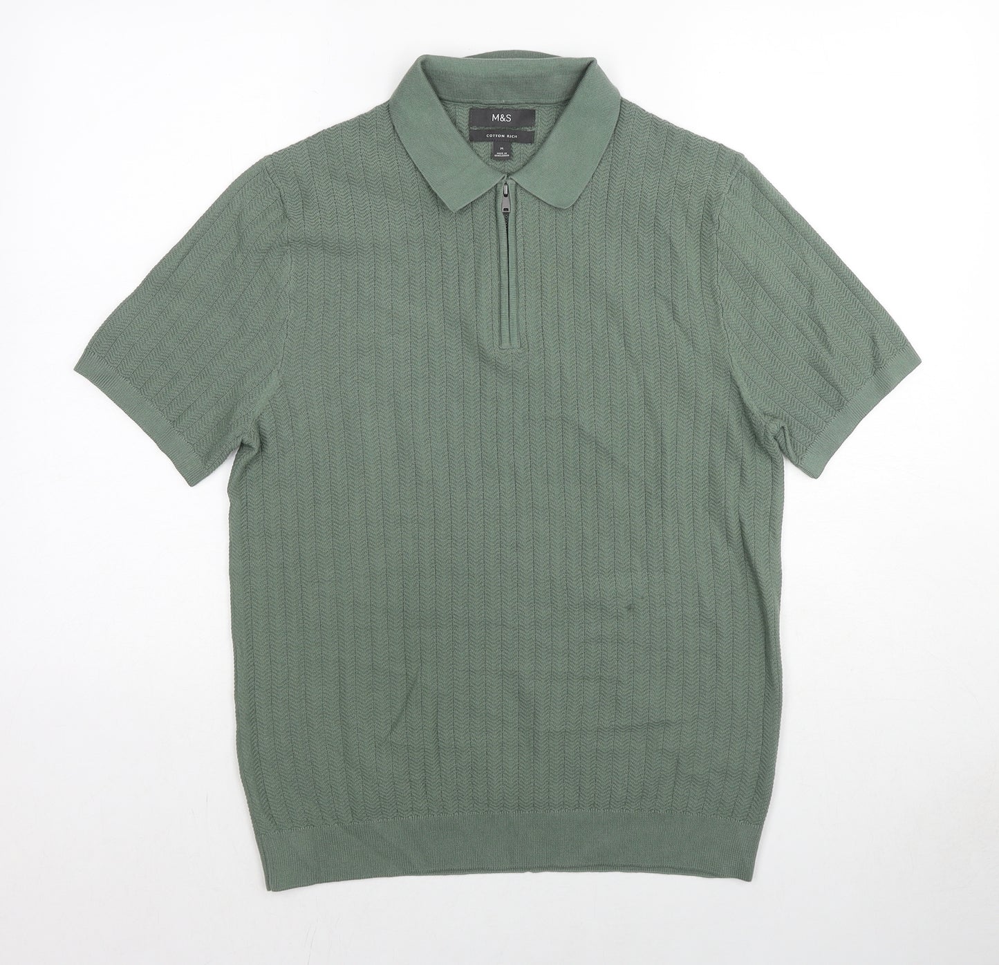 Marks and Spencer Mens Green Cotton Polo Size M Collared Pullover