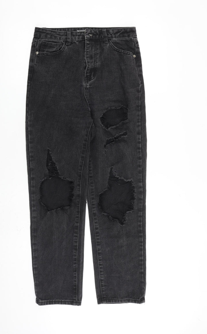 PRETTYLITTLETHING Womens Grey Cotton Straight Jeans Size 8 L28 in Regular Zip