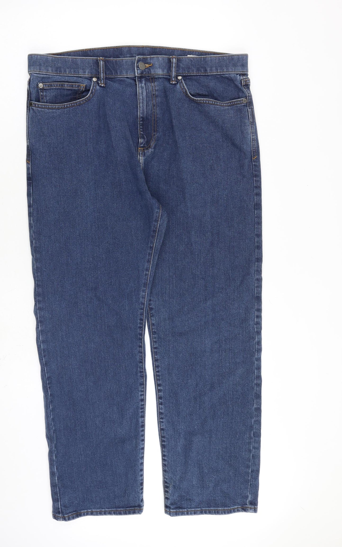 Marks and Spencer Mens Blue Cotton Straight Jeans Size 36 in L29 in Regular Zip