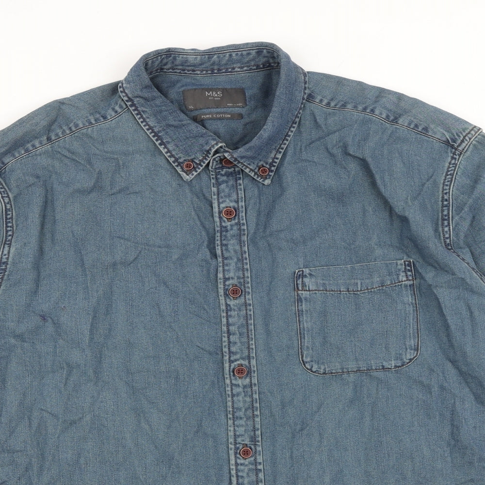 Marks and Spencer Mens Blue Cotton Button-Up Size XL Collared Button