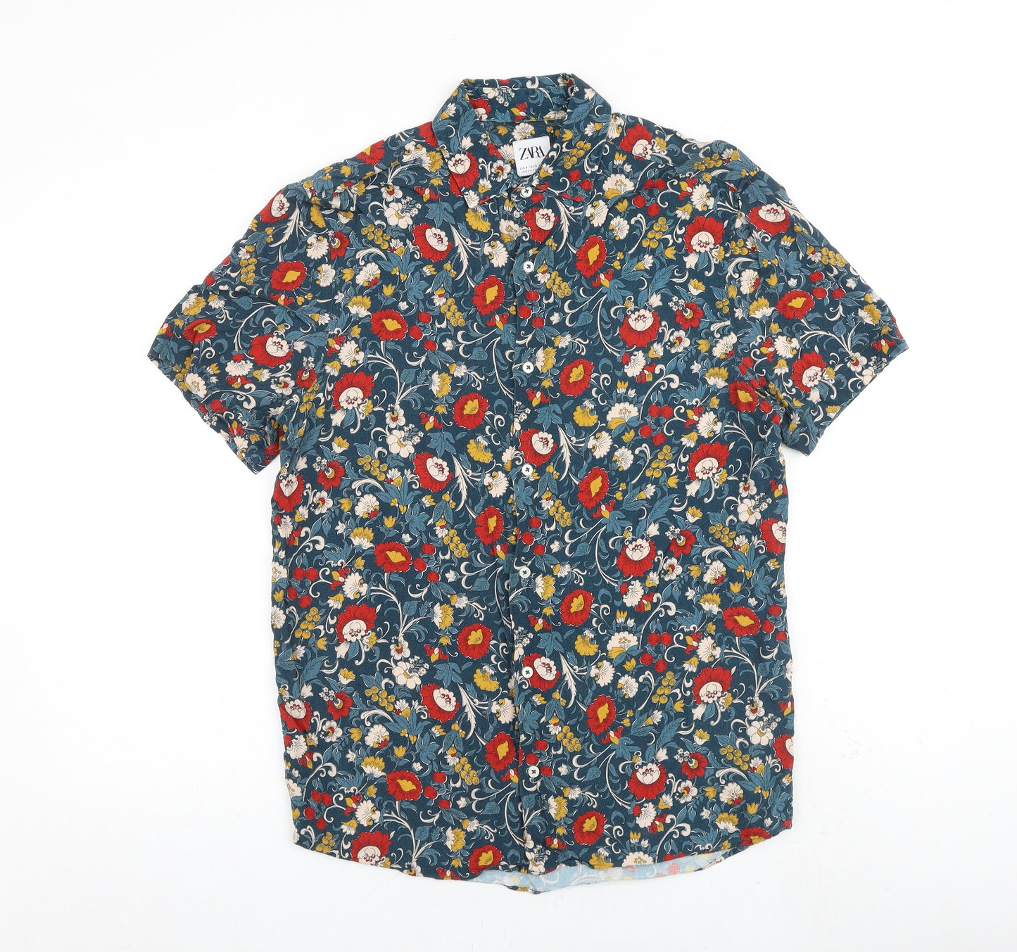 Zara Mens Multicoloured Floral Viscose Button-Up Size S Collared Button
