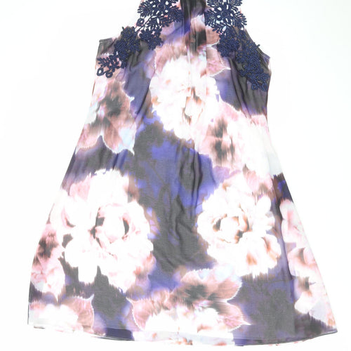 Dorothy Perkins Womens Purple Floral Polyester A-Line Size 12 Round Neck Zip - Crocheted Lace Detail