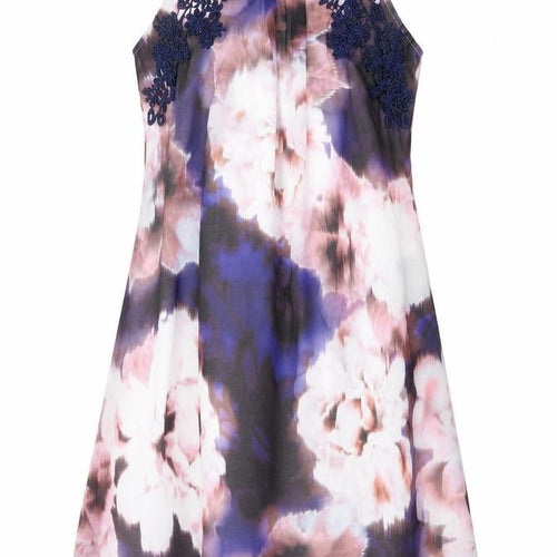 Dorothy Perkins Womens Purple Floral Polyester A-Line Size 12 Round Neck Zip - Crocheted Lace Detail