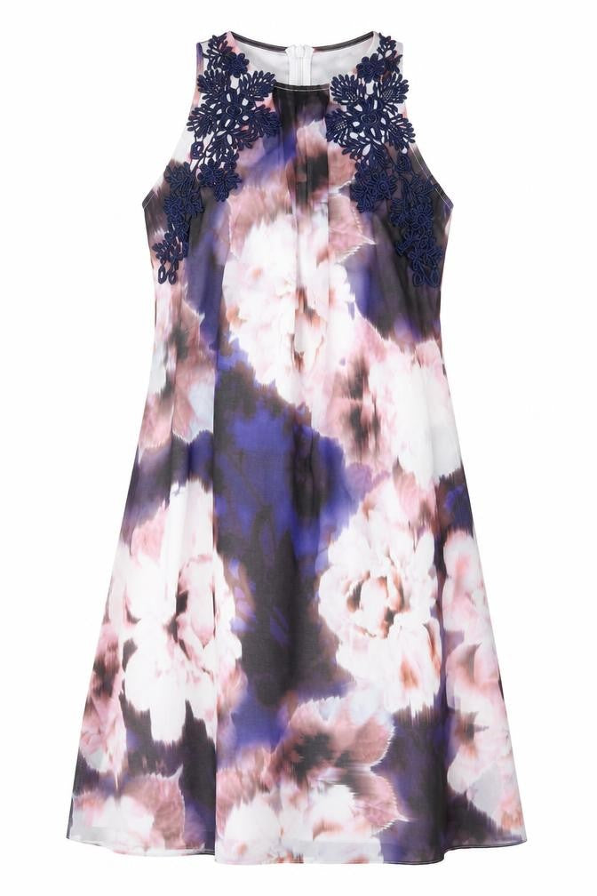 Dorothy Perkins Womens Purple Floral Polyester A-Line Size 12 Round Neck Zip - Crocheted Lace Detail