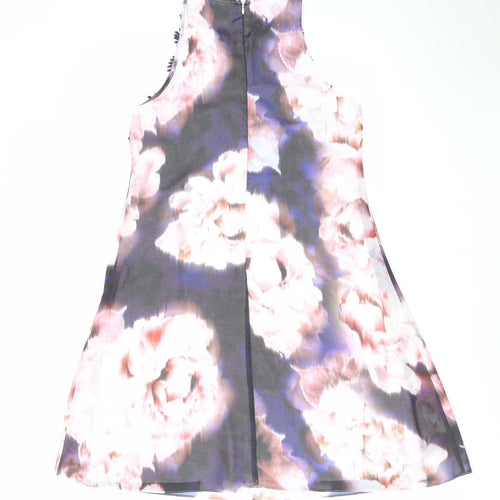 Dorothy Perkins Womens Purple Floral Polyester A-Line Size 12 Round Neck Zip - Crocheted Lace Detail