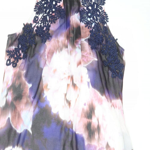 Dorothy Perkins Womens Purple Floral Polyester A-Line Size 12 Round Neck Zip - Crocheted Lace Detail