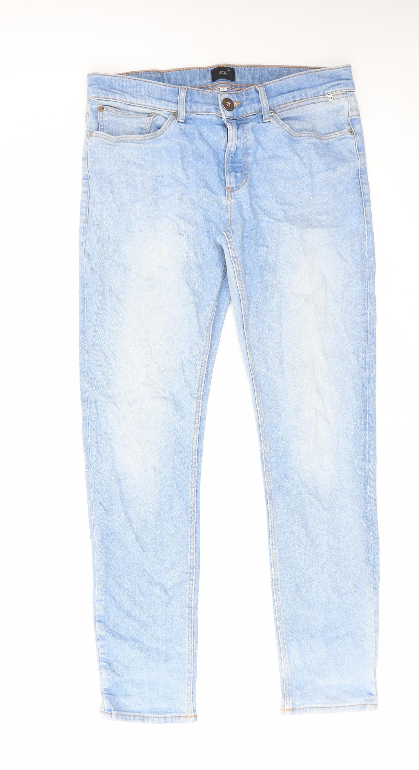 River Island Mens Blue Cotton Straight Jeans Size 32 in L32 in Regular Zip