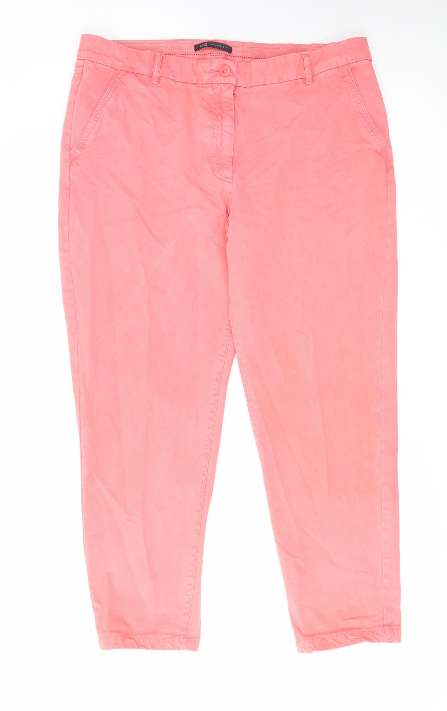 Marks and Spencer Womens Pink Cotton Chino Trousers Size 16 L28 in Regular Zip