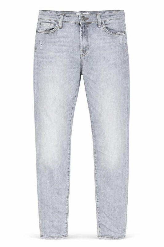 Front view of 7 For All Mankind men’s grey cotton straight jeans, size 31, in, 29-inch leg regular zip