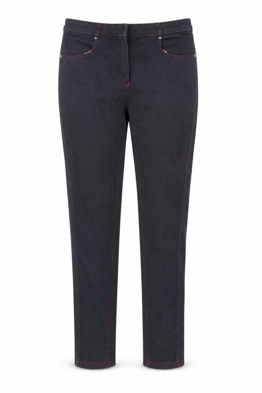 Front view of Equestrian women’s blue cotton trousers, size UK 30, in, 29-inch leg regular hook & eye - equestrian