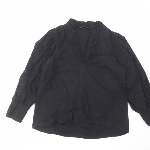 Zara Womens Black Cotton Basic Blouse Size XS V-Neck