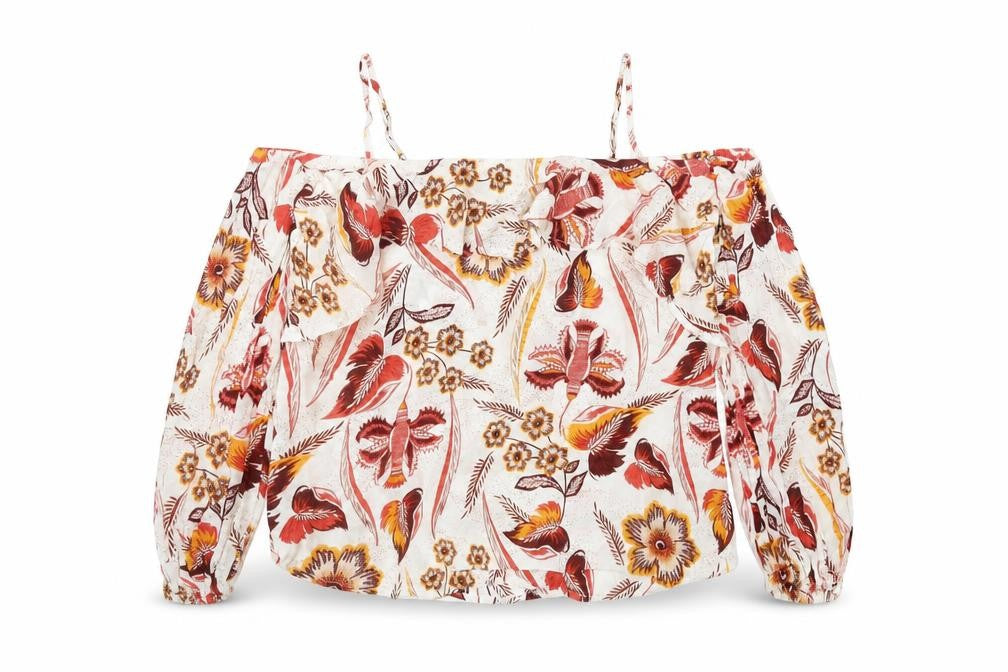 Front view of Next women’s red floral viscose basic blouse, size UK 12, off the shoulder