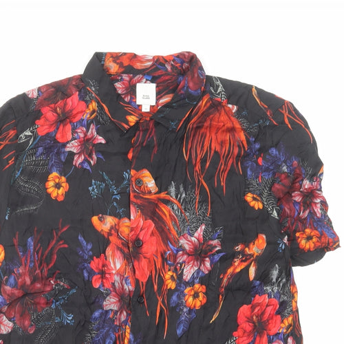 River Island Mens Multicoloured Viscose Button-Up Size M Collared Button - Fish flower print