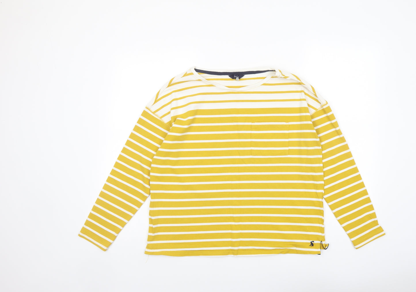 Joules Womens Yellow Striped Cotton Basic Blouse Size 12 Round Neck