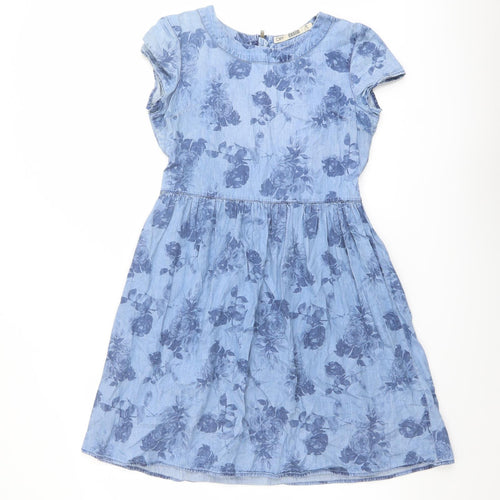Dorothy Perkins Womens Blue Floral Cotton Fit & Flare Size 8 Boat Neck Zip