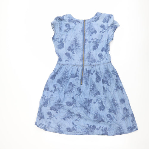 Dorothy Perkins Womens Blue Floral Cotton Fit & Flare Size 8 Boat Neck Zip