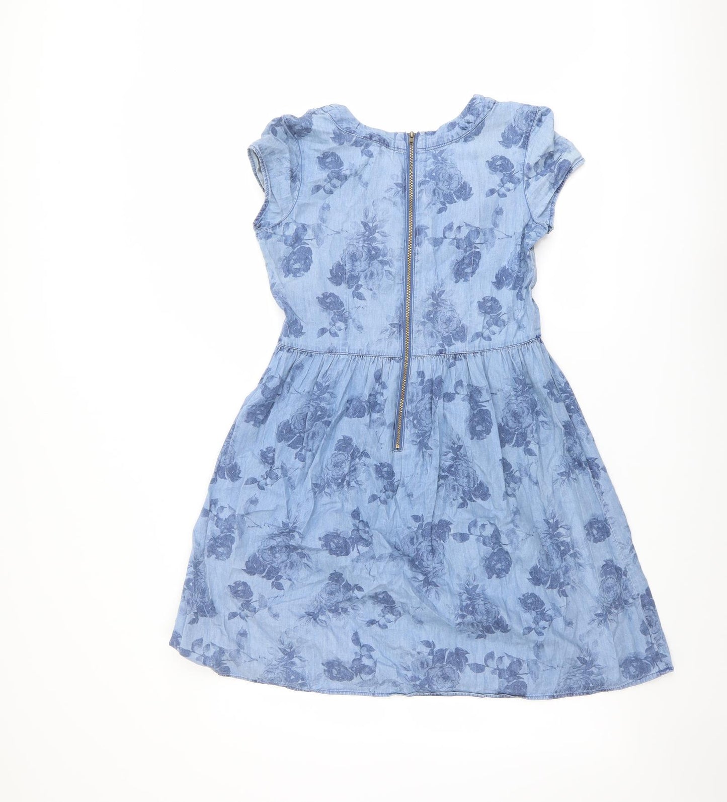 Dorothy Perkins Womens Blue Floral Cotton Fit & Flare Size 8 Boat Neck Zip