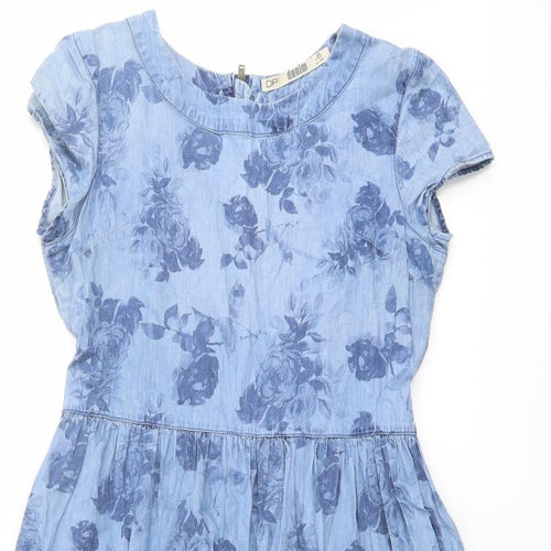 Dorothy Perkins Womens Blue Floral Cotton Fit & Flare Size 8 Boat Neck Zip