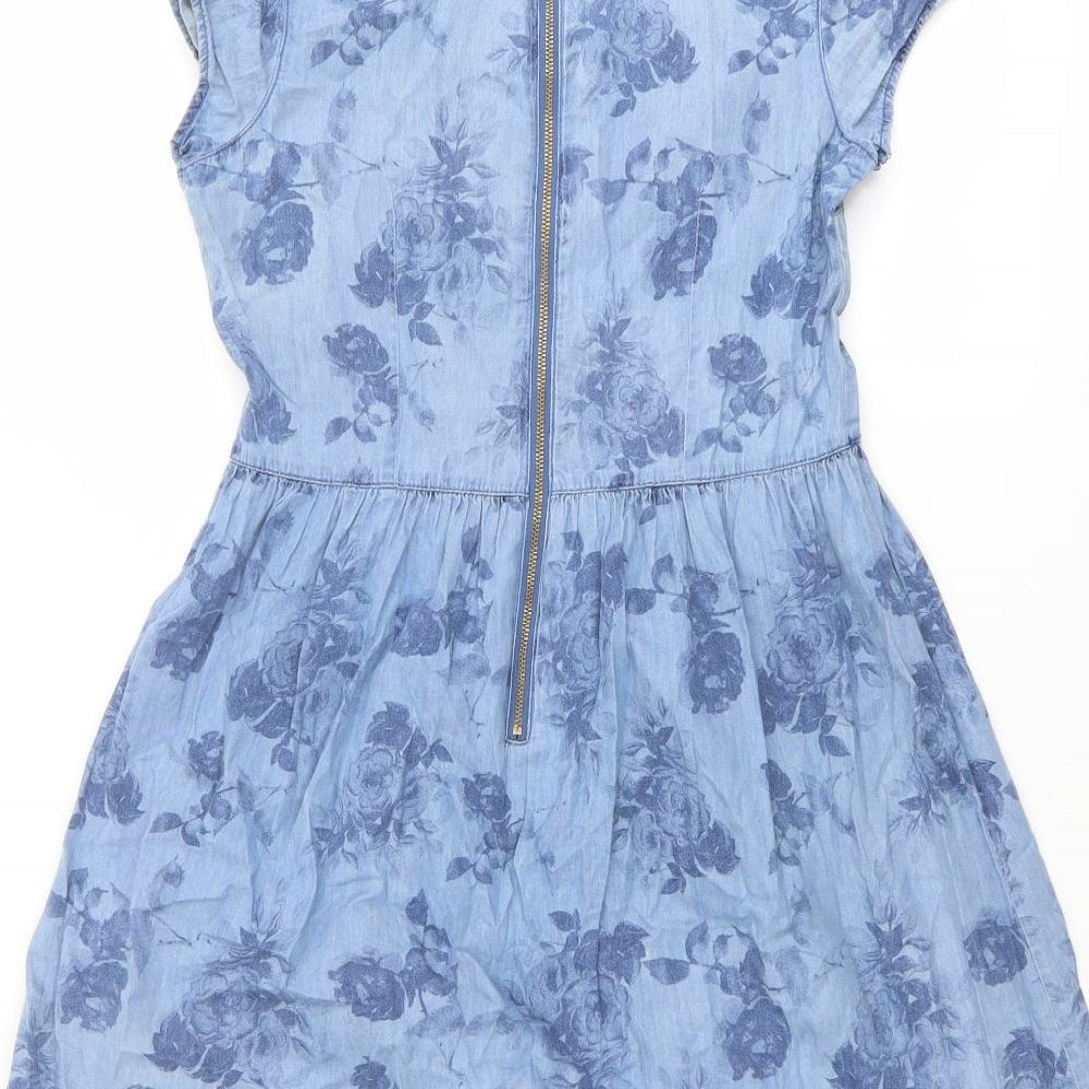 Dorothy Perkins Womens Blue Floral Cotton Fit & Flare Size 8 Boat Neck Zip