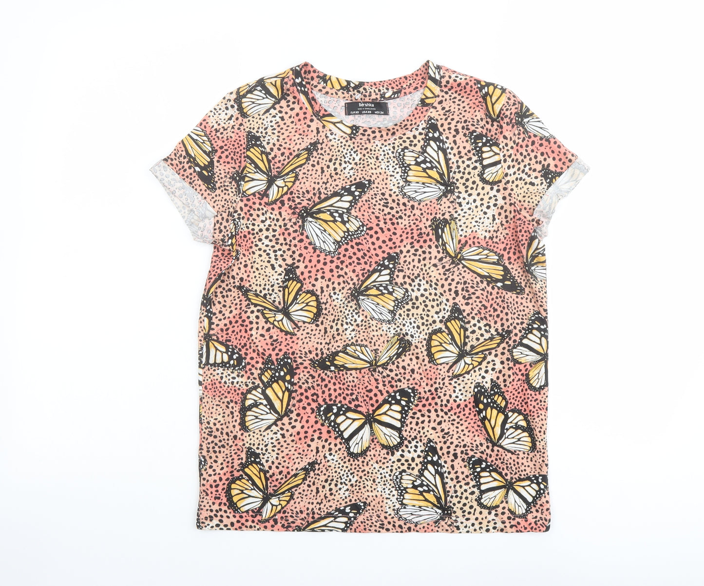 Bershka Womens Multicoloured Geometric Cotton Basic T-Shirt Size XS Crew Neck - Butterfly Pattern
