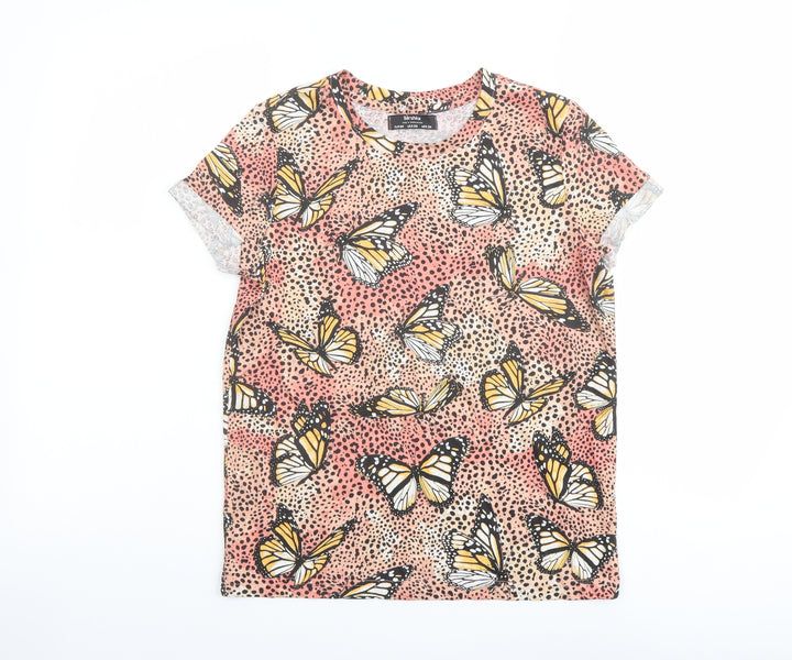 Bershka Womens Multicoloured Geometric Cotton Basic T-Shirt Size XS Crew Neck - Butterfly Pattern