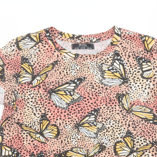 Bershka Womens Multicoloured Geometric Cotton Basic T-Shirt Size XS Crew Neck - Butterfly Pattern
