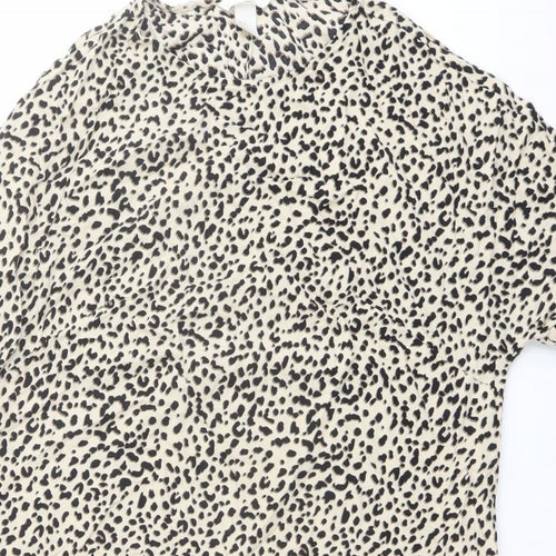 H&M Womens Beige Animal Print Viscose Basic T-Shirt Size 8 Crew Neck