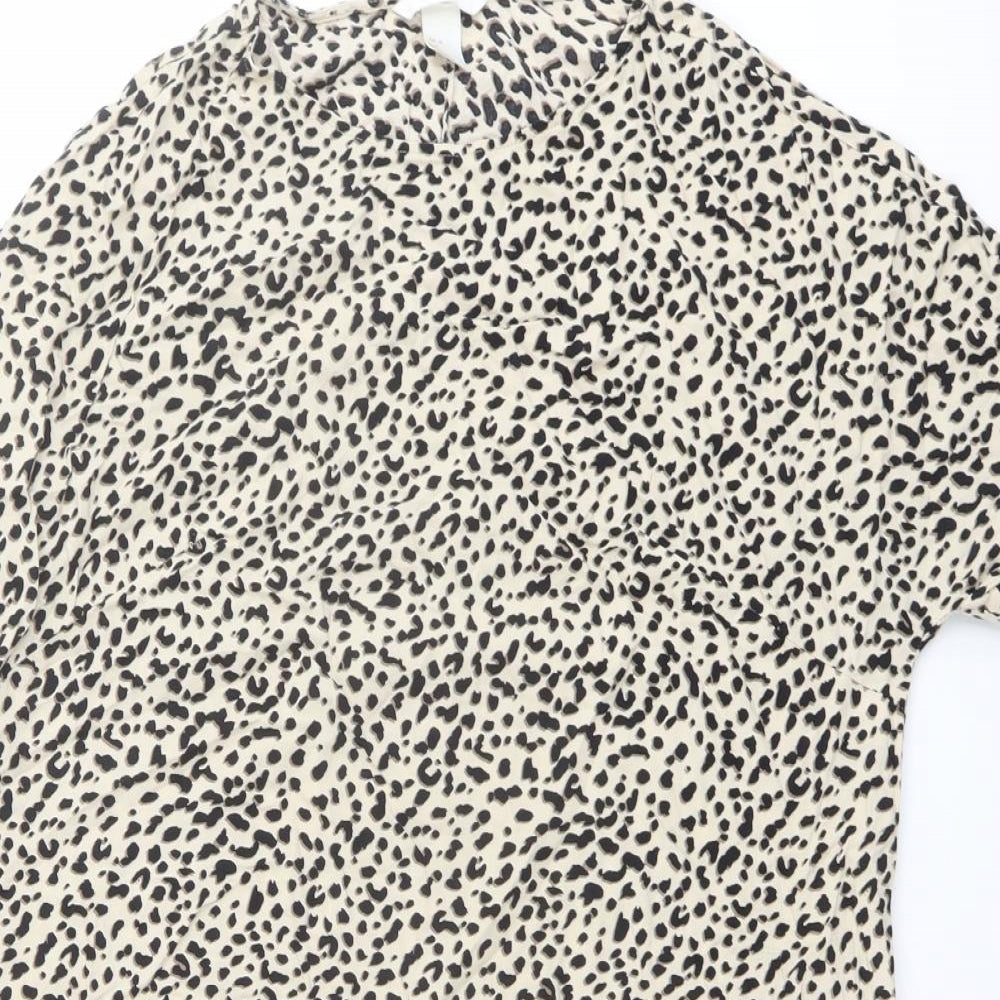 H&M Womens Beige Animal Print Viscose Basic T-Shirt Size 8 Crew Neck