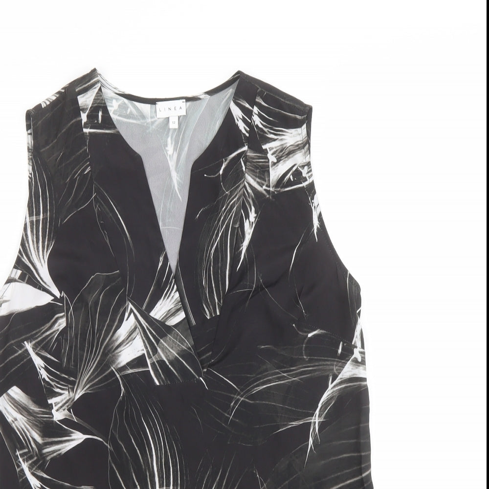 Linea Womens Black Geometric Polyester Basic Blouse Size 12 V-Neck