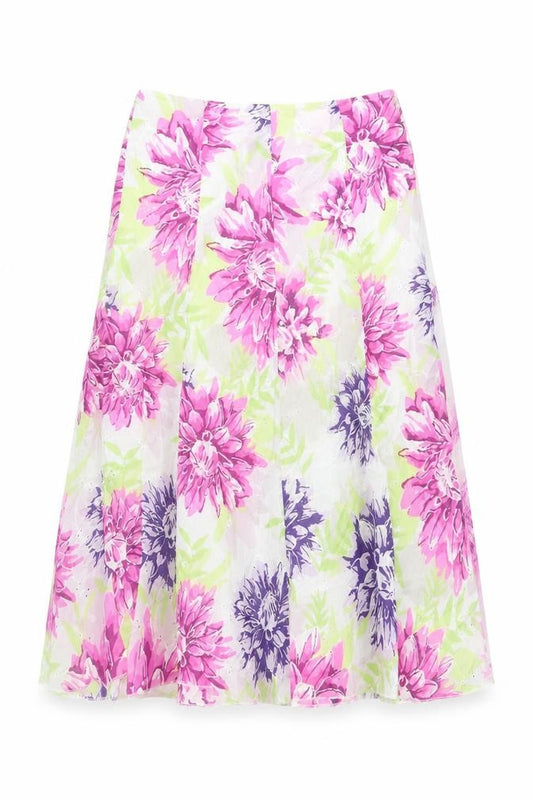 Front view of Marks & Spencer women’s multicoloured floral cotton swing skirt, size UK 8, zip