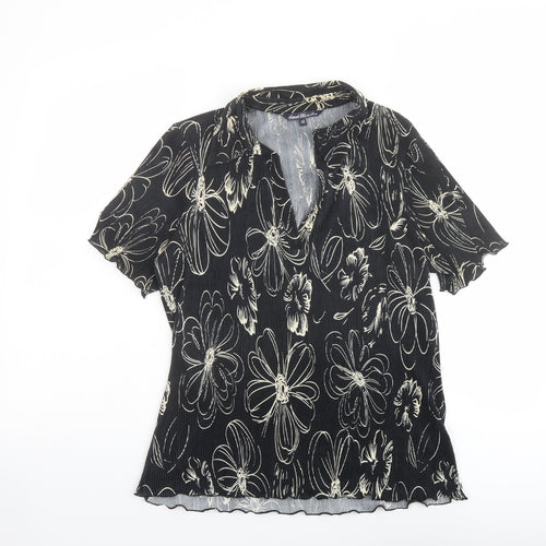 Sarah Hamilton Womens Black Floral Polyester Basic Blouse Size 14 V-Neck - Plisse