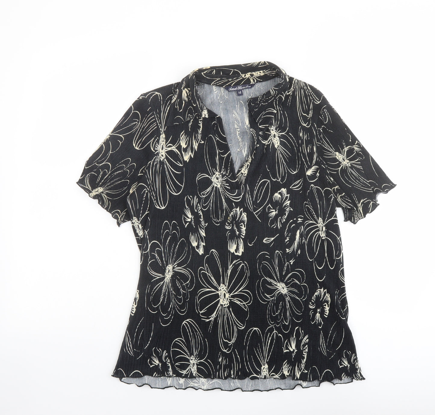 Sarah Hamilton Womens Black Floral Polyester Basic Blouse Size 14 V-Neck - Plisse