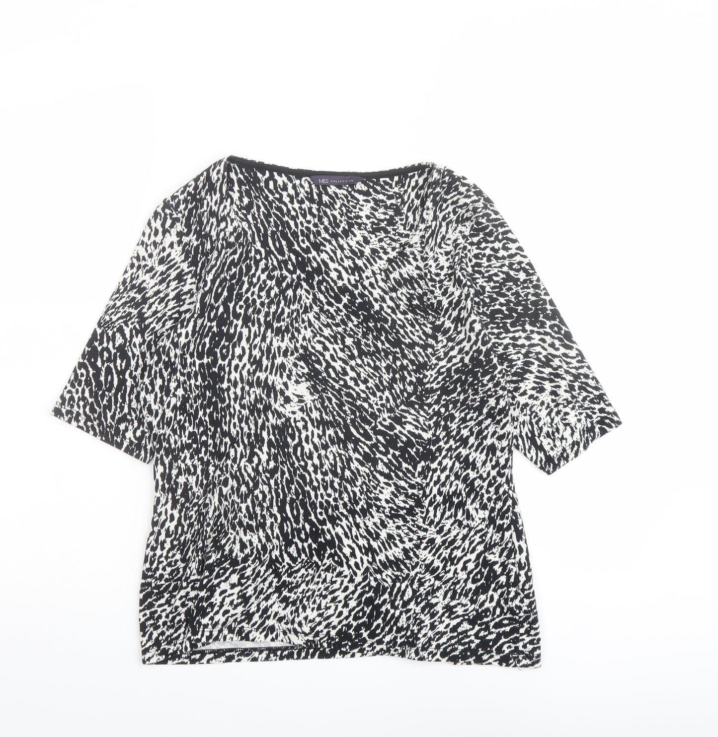 Marks and Spencer Womens Black Animal Print Cotton Basic T-Shirt Size 14 Boat Neck