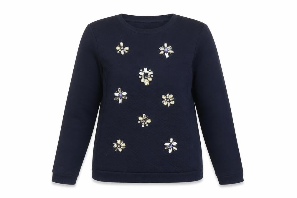 Front view of Per Una women’s blue cotton pullover sweatshirt, size UK 8, pullover
