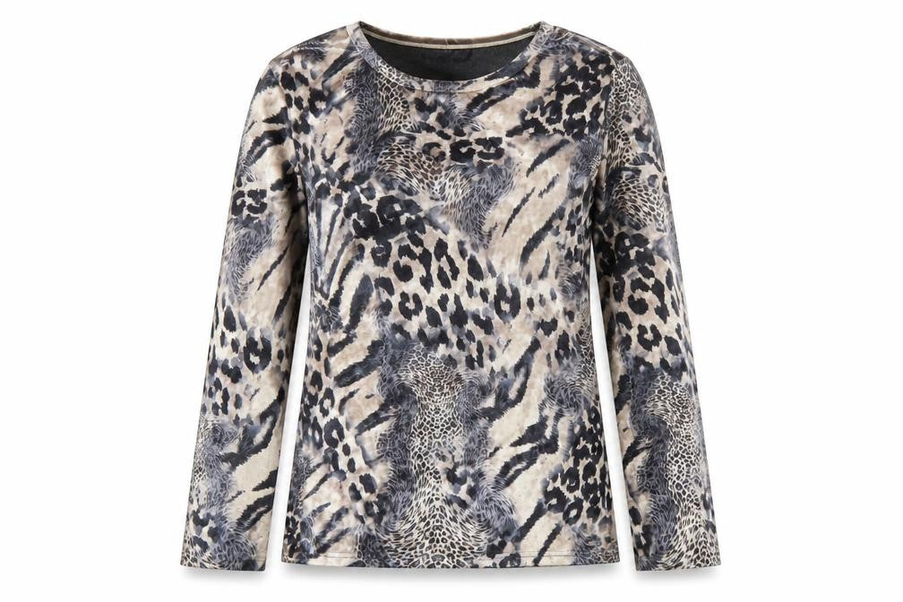 Front view of Paramour women’s brown animal print polyester basic t-shirt, size M, round neck - leopard print