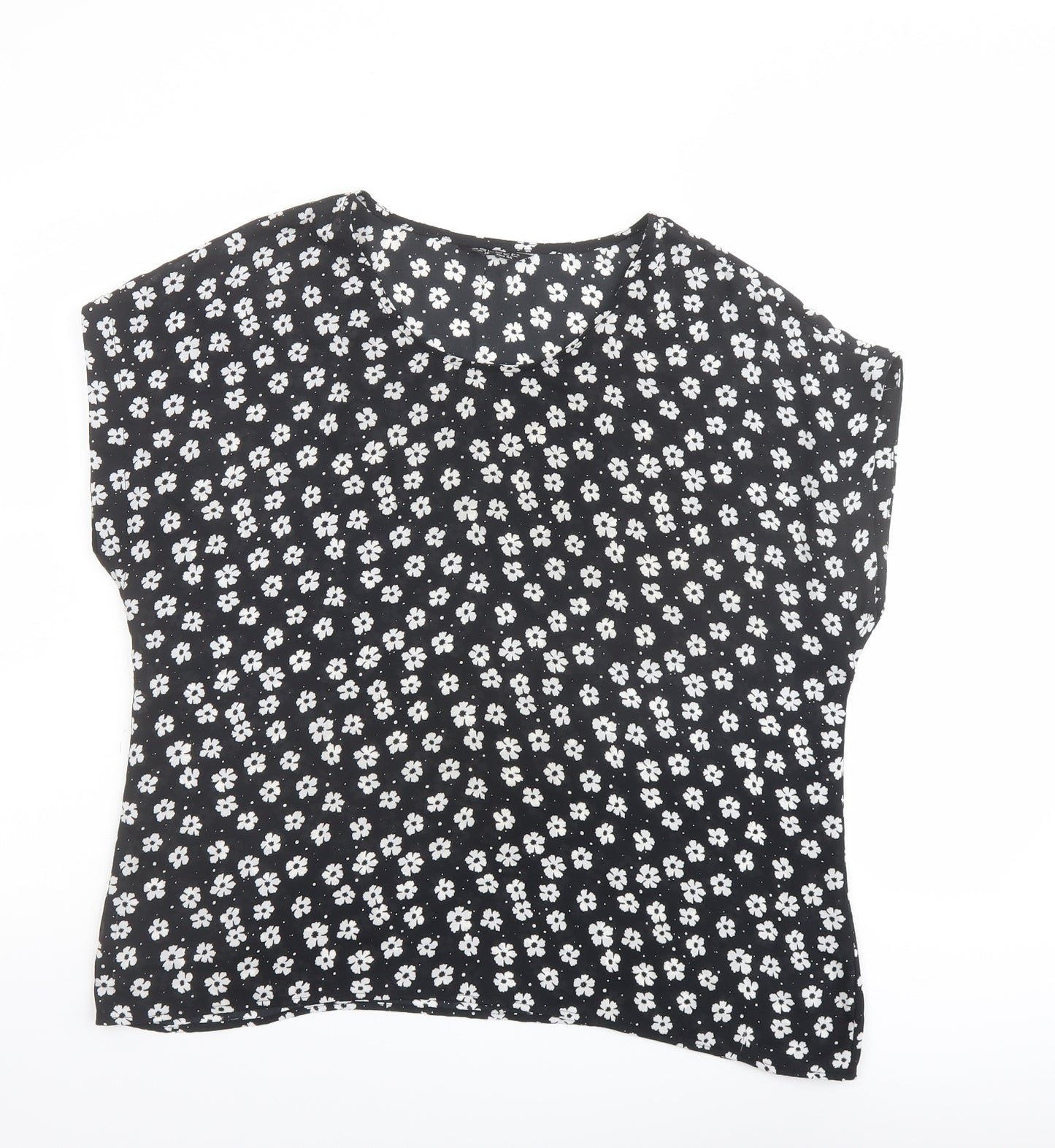 Select Womens Black Floral Polyester Basic T-Shirt Size 16 Round Neck