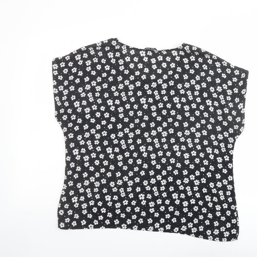 Select Womens Black Floral Polyester Basic T-Shirt Size 16 Round Neck