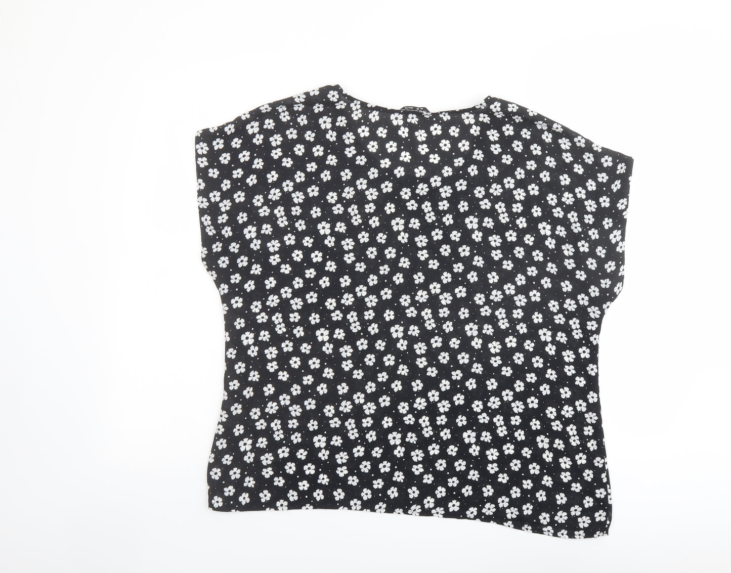 Select Womens Black Floral Polyester Basic T-Shirt Size 16 Round Neck