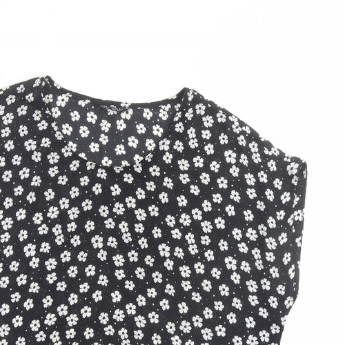 Select Womens Black Floral Polyester Basic T-Shirt Size 16 Round Neck