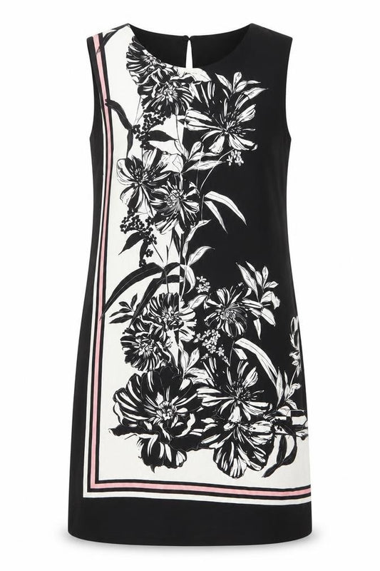 Front view of Principles women’s black floral polyester shift, size UK 10, boat neck button