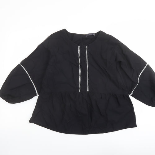 Marks and Spencer Womens Black Cotton Basic Blouse Size 12 Round Neck