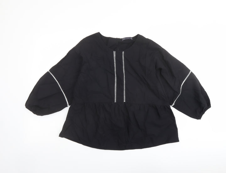 Marks and Spencer Womens Black Cotton Basic Blouse Size 12 Round Neck