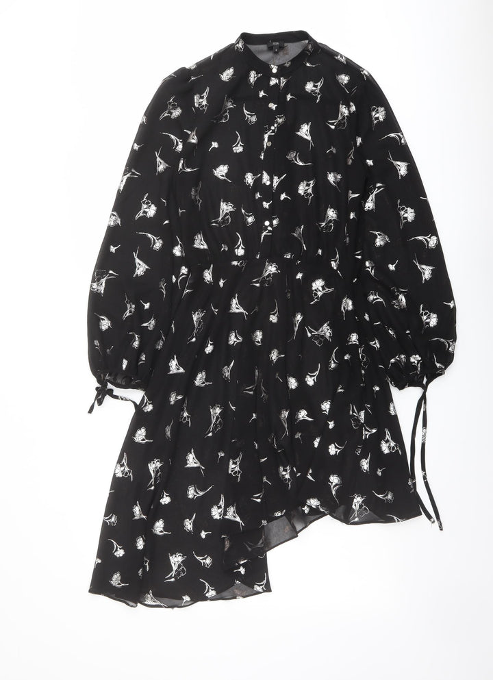 River Island Womens Black Floral Polyester Shirt Dress Size 8 Round Neck Button