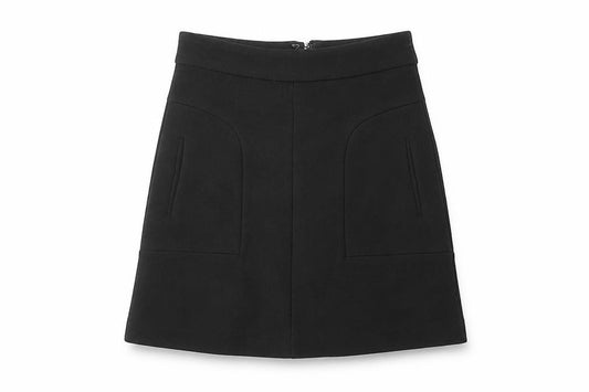 Front view of Anthropologie women’s black viscose a-line skirt, size UK 4, zip
