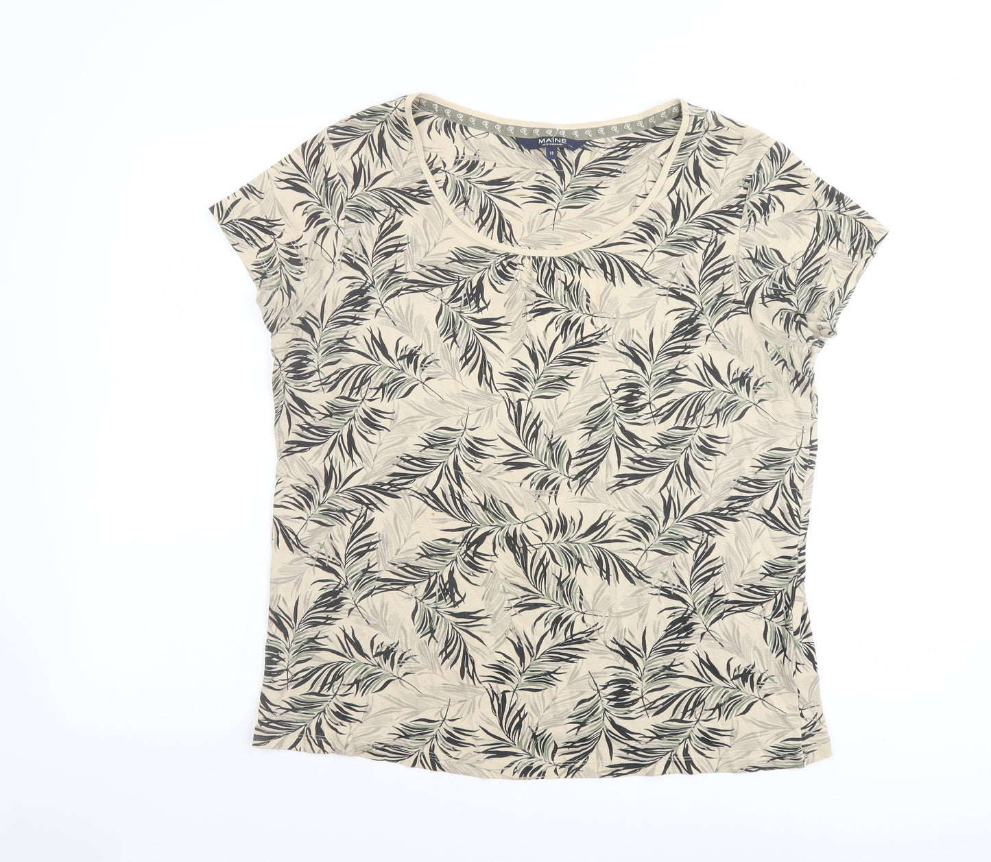 Maine Womens Beige Geometric Cotton Basic T-Shirt Size 18 Round Neck - Leaf Print