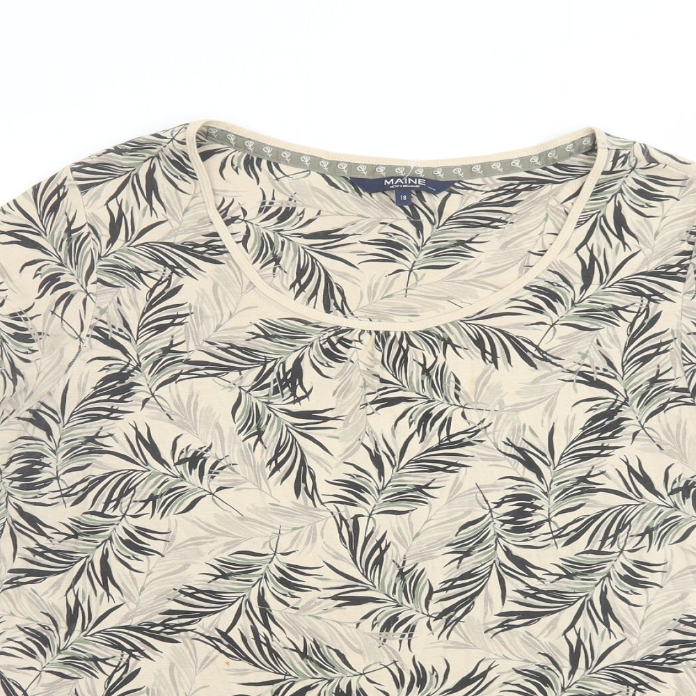 Maine Womens Beige Geometric Cotton Basic T-Shirt Size 18 Round Neck - Leaf Print