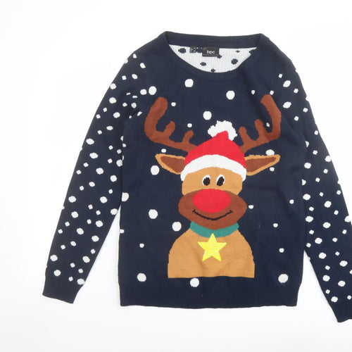 bonprix Womens Blue Round Neck Acrylic Pullover Jumper Size S - Reindeer Christmas