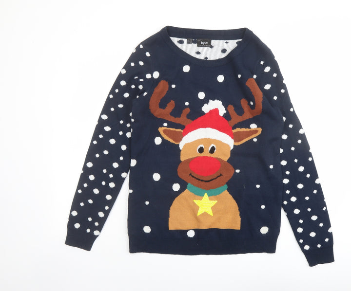 bonprix Womens Blue Round Neck Acrylic Pullover Jumper Size S - Reindeer Christmas