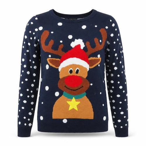 bonprix Womens Blue Round Neck Acrylic Pullover Jumper Size S - Reindeer Christmas